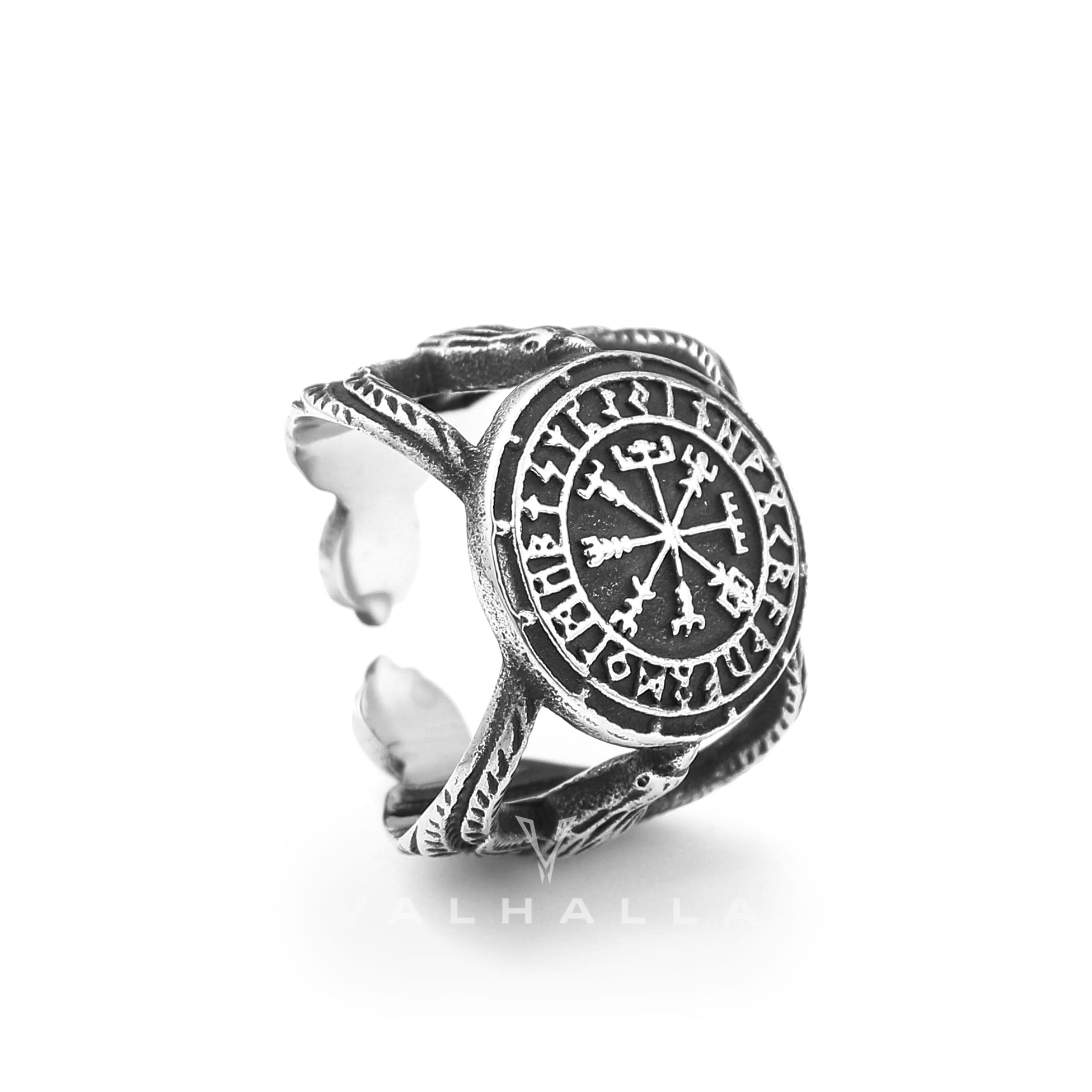 Vegvisir Raven Runes Stainless Steel Viking Ring – Valhalla Fallen